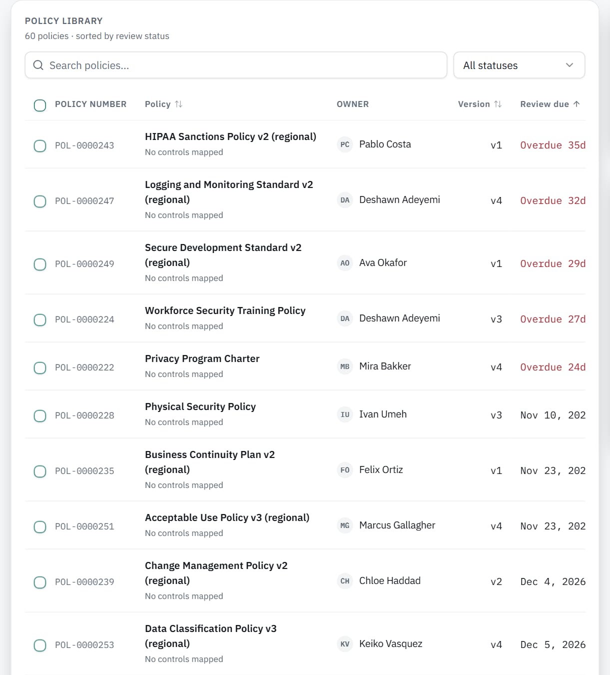 Panel: the policy library with owner, version and review date.